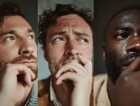 Diverse men in contemplative poses with hands near faces, looking upward with thoughtful expressions against neutral backgrounds.