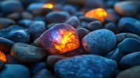 Glowing orange and pink crystal stones among dark blue river rocks at dusk, creating magical ethereal atmosphere with inner light illuminating from within.