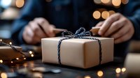 Hands presenting wrapped gift box with navy ribbon against warm bokeh lights background for holiday celebrations and special occasions.