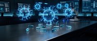 Glowing virus molecules float above laboratory desk with computer screens in background, representing medical research, biotechnology, and scientific innovation in modern facility.