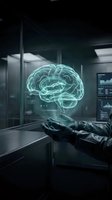 Glowing holographic brain floating above hands in futuristic laboratory with digital displays showcasing artificial intelligence and neuroscience technology.