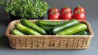 Fresh green cucumbers in woven basket with ripe red tomatoes and herbs against dark background, healthy organic vegetables for cooking and salads.