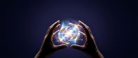 Hands holding glowing energy sphere with blue light, representing power, innovation, and technology concepts for business and science applications.