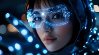 Futuristic Asian woman wearing glowing digital smart glasses with blue LED lights and circuit patterns in cyberpunk technology environment.
