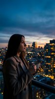 Woman holding coffee cup on rooftop balcony overlooking illuminated cityscape at dusk, contemplative moment with urban skyline and twilight sky for lifestyle and editorial use.