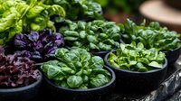 Fresh organic lettuce and spinach varieties in black bowls on stone surface, vibrant purple and green leaves create appetizing healthy food composition.