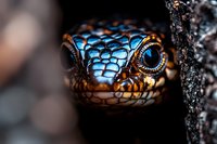 Vibrant blue and bronze reptile with detailed scales and striking eyes peering from rocky surface, suitable for wildlife and nature content.