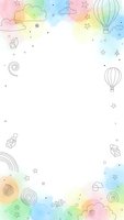 Pastel rainbow watercolor frame with hot air balloons, clouds and stars on white background for children design projects and creative layouts.