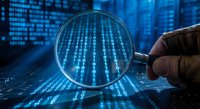 Digital forensics investigation with magnifying glass analyzing binary code data streams on computer screen for cybersecurity audit and analysis.