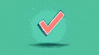 Floating coral-colored checkmark symbol with soft shadow on mint green background, surrounded by subtle sparkle effect. Clean minimal design for approval concepts.