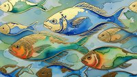 Colorful tropical fish swimming in ocean waters with vibrant blue, yellow, orange and green marine life creating underwater scene for aquatic designs.