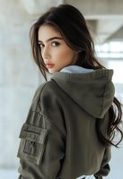 Young brunette woman in olive green hoodie looking over shoulder with natural makeup and long dark hair, soft studio lighting creates gentle atmosphere.