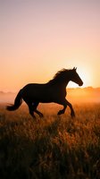 Horse silhouette galloping through golden field at sunset with dramatic sky and warm lighting for equestrian and nature themes.