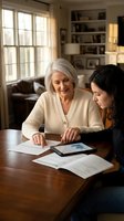 Senior Caucasian woman and young Hispanic woman reviewing financial documents together at home office table with tablet and paperwork.