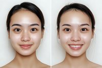 Before and after comparison showing Asian woman's natural face transformation from subtle to bright smile, demonstrating dental and cosmetic results against white background.