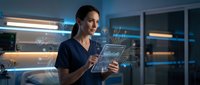 Professional female healthcare worker using digital tablet with holographic medical interface in modern hospital setting at evening.