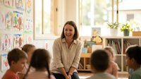 Young female teacher smiling while sitting on desk in bright elementary classroom with diverse students and colorful artwork on walls.