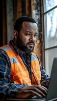 African American construction worker in safety vest and plaid shirt working on laptop near window, thoughtful expression shows focus on project planning.