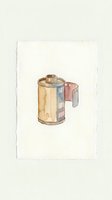Watercolor illustration of vintage film roll canister with exposed colored film strips on cream background, suitable for photography, media, and creative design projects.