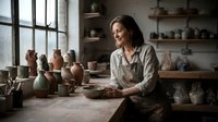 Female potter working with clay in rustic ceramic studio workshop surrounded by handmade pottery and natural light from large windows.