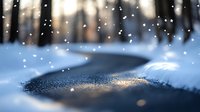 Frozen lake surface with falling snow at dusk creates dreamy winter atmosphere. Dark water reflects soft light through ice while snowflakes dance in cold evening air.