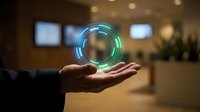 Businessman holding glowing digital sphere with blue and green light effects in modern office environment, representing technology, innovation, and business solutions.