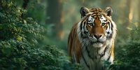 Majestic Bengal tiger walking through lush green forest, showcasing wildlife in natural habitat with soft morning light filtering through foliage.