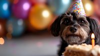 Adorable Yorkshire terrier dog with party hat celebrating birthday with cake and candle against colorful balloon background. Perfect for pet celebration cards.