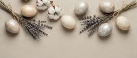 Natural Easter eggs with dried lavender and cotton flowers arranged on beige background for spring holiday decoration and crafting projects.