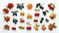 Assorted fresh berries including red currants, blueberries, black currants, and cherries arranged on white background for food and culinary design projects.
