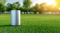 Aluminum can mockup on green grass lawn at sunset with natural bokeh background. Clean metallic container for branding and product design presentation.