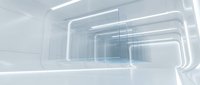 Modern white futuristic corridor with glowing LED light strips and clean geometric architecture for sci-fi interior design concepts.