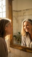 Mature Caucasian woman with blonde hair smiling at her reflection in ornate golden mirror during morning self-care routine in elegant bathroom.