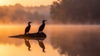 Two cormorants perched on a rock in misty morning water, silhouetted against golden sunrise light with reflections below.