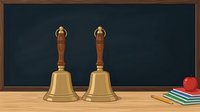 Two brass school bells with wooden handles sit on a wooden desk beside a red apple and stacked books against a dark chalkboard, representing education and learning tools for classroom environments.