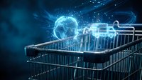 Digital shopping cart with glowing globe and data streams representing global e-commerce technology and online retail innovation in futuristic blue design.