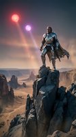 Armored male warrior in silver battle suit stands on rocky cliff overlooking alien desert canyon under dual glowing planet sky.