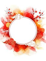 Watercolor circular frame with red orange blossoms and traditional ornamental elements for greeting cards invitations and festive designs.