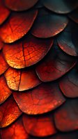 Glowing red dragon-like scales with intricate vein patterns create dramatic lighting effect, macro photography reveals detailed texture and organic patterns.