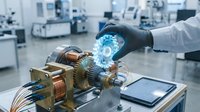 Professional engineer in black gloves operating holographic digital interface above industrial motor assembly in modern laboratory setting.