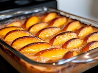 Baked peach halves arranged in glass baking dish with caramelized golden-brown tops and syrupy glaze, ready-to-serve dessert for home cooking and recipe content.