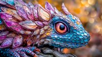 Mystical dragon head with iridescent scales in vibrant purple, blue and gold colors against blurred bokeh background, featuring detailed textures and glowing amber eye.