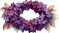 Delicate purple hydrangea wreath with soft green leaves on transparent background, watercolor style floral arrangement for wedding invitations and decorative designs.