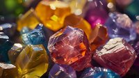 Colorful raw gemstones and crystals in various shapes with natural light reflection creating magical sparkle effect. Macro photography shows texture and facets.