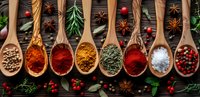 Colorful spices and herbs in wooden spoons on dark rustic background with star anise, cranberries and rosemary sprigs, arranged in line composition.