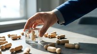 Business professional hand selecting wooden puzzle piece from scattered blocks on office desk, strategic decision making and problem solving concept.
