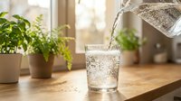 Pouring sparkling water into glass on wooden table with potted plants and window light, suitable for beverage, wellness, and lifestyle content.
