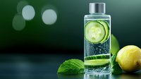 Fresh cucumber water with mint leaves and lemon on dark green background with bokeh lights. Healthy detox drink concept for wellness and hydration.