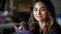 Young Hispanic woman veterinarian in black uniform holding tiny puppy in purple protective gloves. Professional pet care and animal health examination concept.