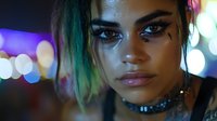 Young woman with teal-colored hair and glitter makeup, wearing a choker necklace, photographed against blurred neon bokeh lights in nightlife setting.